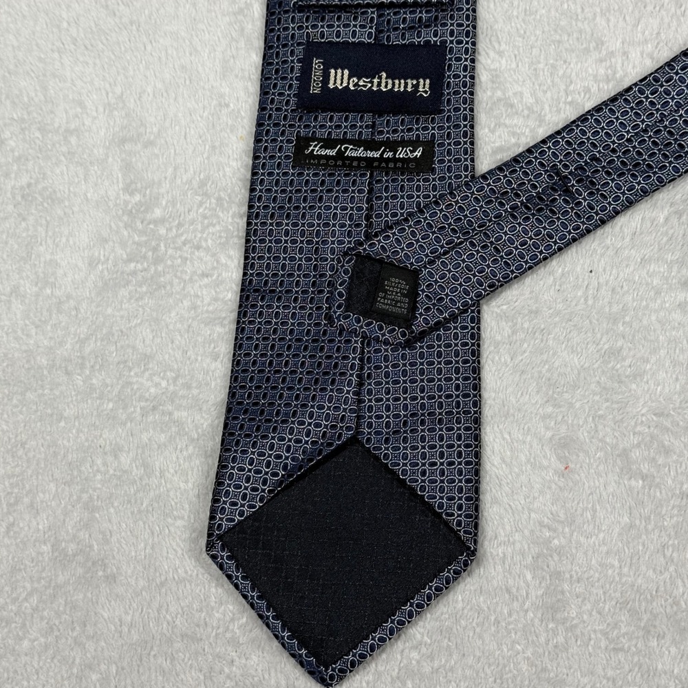 Westbury London Necktie Navy Blue Circle Pattern Silk Hand Tailored USA‎